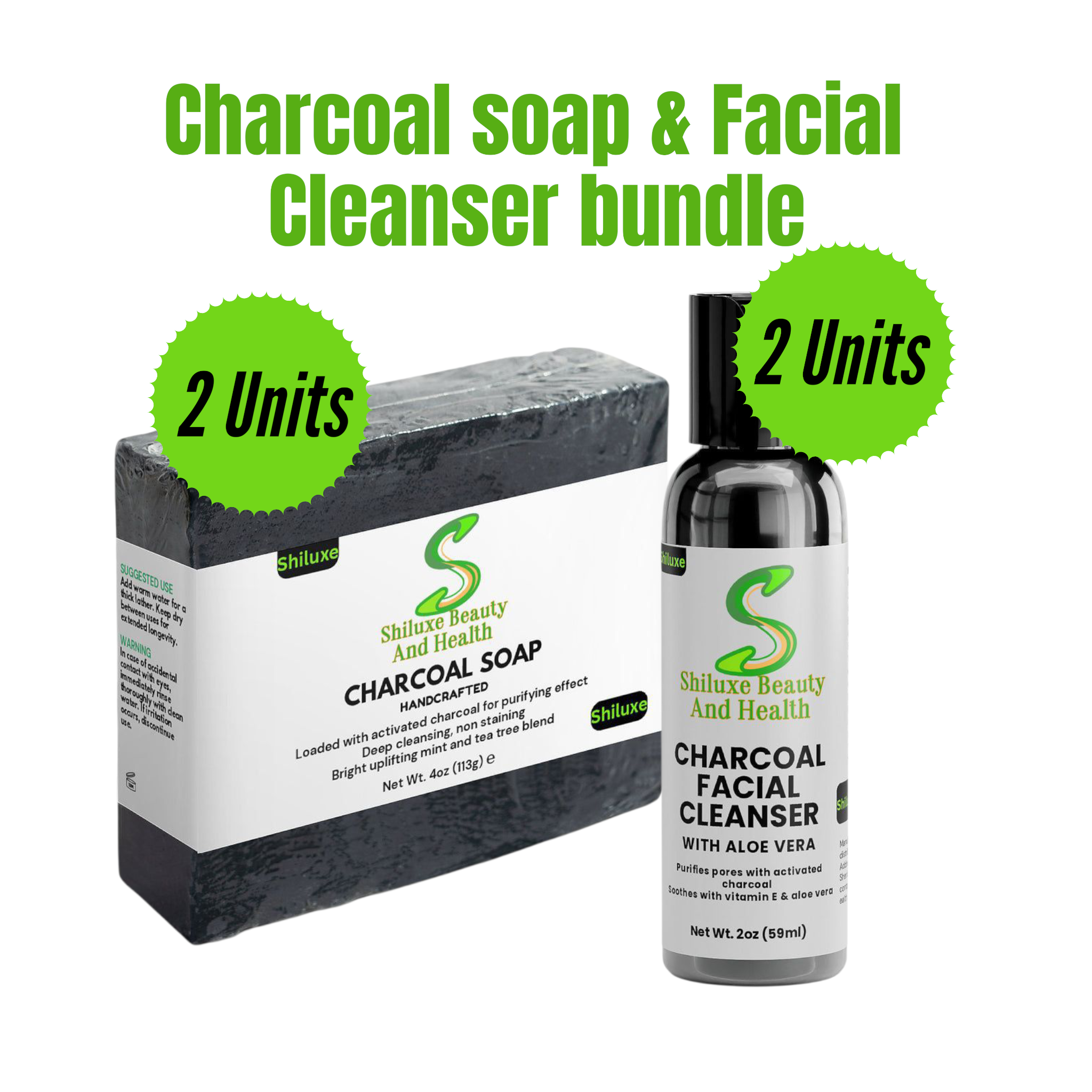 Charcoal Soap & Facial Cleanser For Acne, Oily Skin, Dark Spots, & Blemishes, For Both Men & Women, Made With Aloe Vera, Activated Charcoal, Vitamin E, & Tea Tree Blend- Paraben-Free (Pack Of 2 Units Of Each)