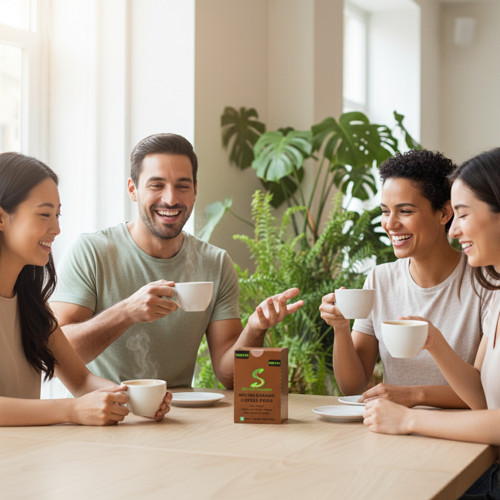 People enjoying Molten Caramel Coffee with product on table
